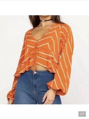 Free People Samifran top orange cream stripe ruffle long sleeve  blouse